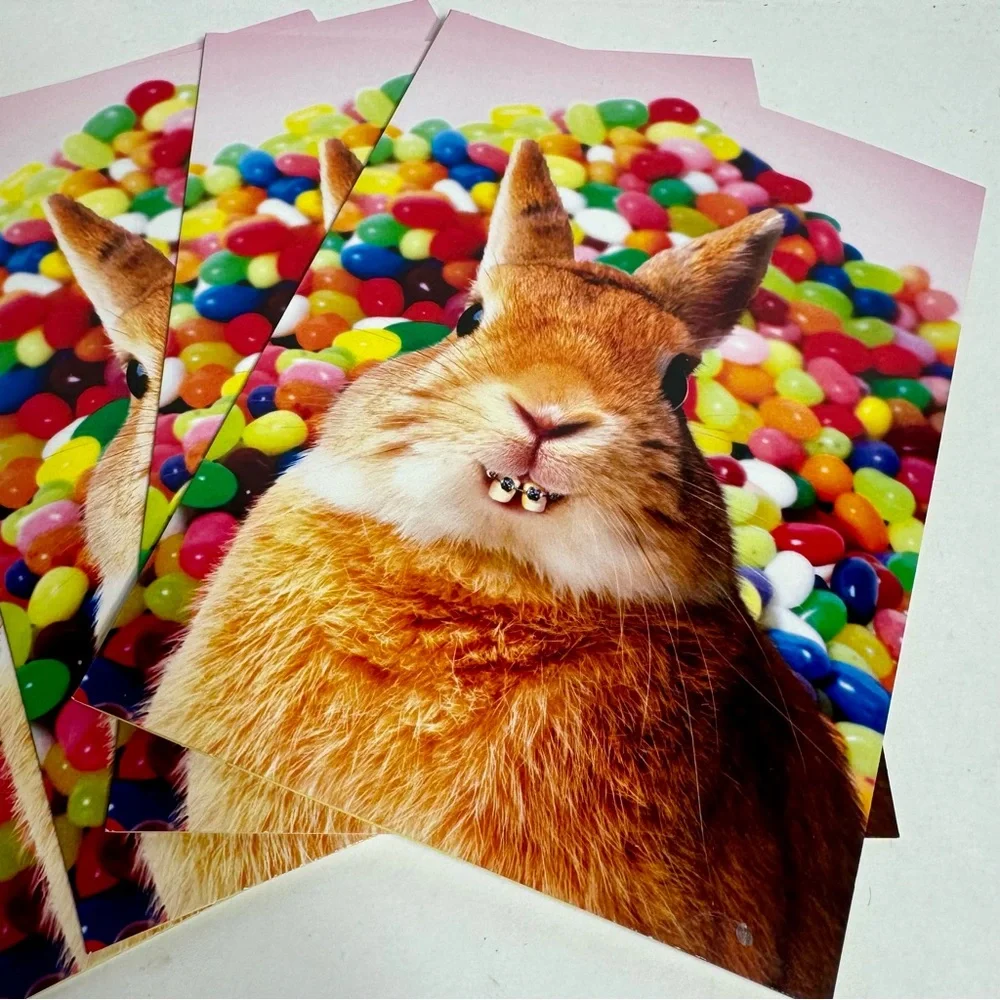4 Avanti Greeting cards -bunny in braces with colorful jellybeans. Easter card